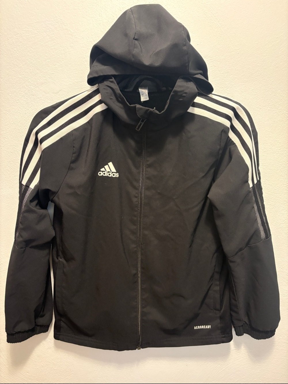 adidas Black Hooded Performance Jacket with White Stripes